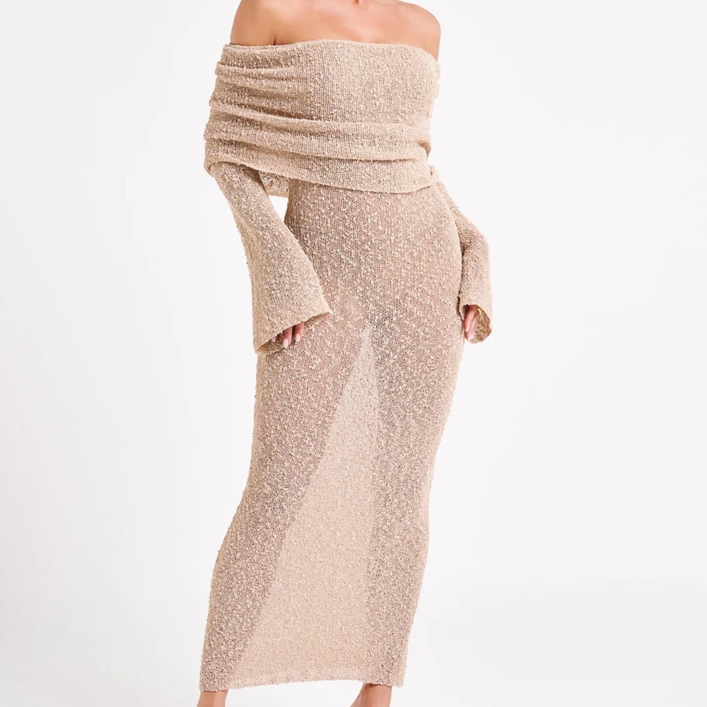 Meshki Marisol Off Shoulder Boucle Maxi Dress